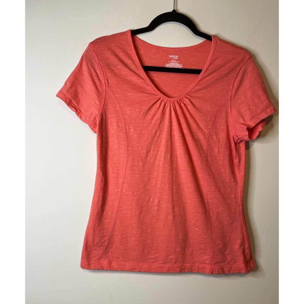 Danskin Now T Shirt Womens L Coral Orange V Neck Short Sleeve Stretch Active